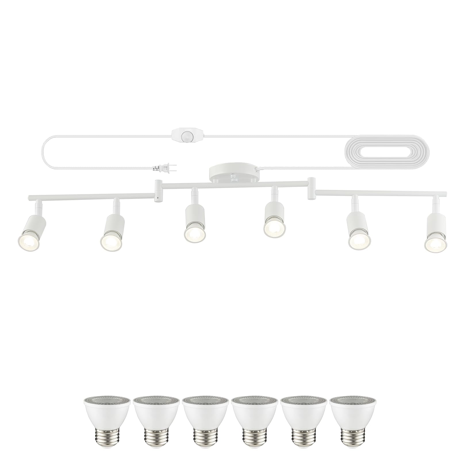 Photo 1 of vivihobb Dimmable Plug in Track Light White 6 Light Plug in Ceiling Lighting Fixture with 16.4' Long Cord,6 Way Ceiling Spotlight,Rotatable Wall Mount Light Head,LED dimmable Spot Bulbs Included