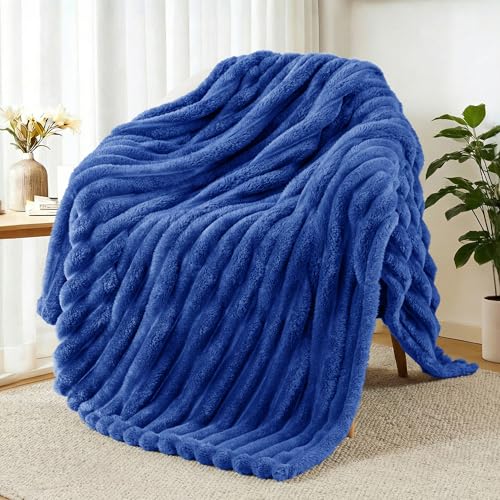 Exclusivo Mezcla Fleece Throw Blanket for Sofa, Super Soft Striped Jacquard Bed Blanket, Lightweight Fuzzy Cozy for All Seasons, 127x152 CM, Cobalt Blue
