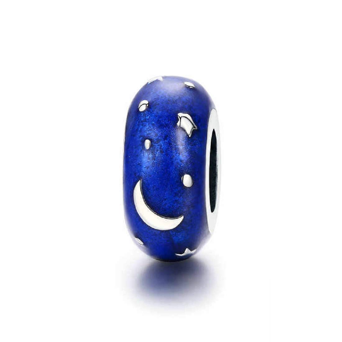 FeatherWish 925 Sterling Silver Moon And Stars Blue Enamel Spacer Bead Charm Compatible With Pandora Bracelet