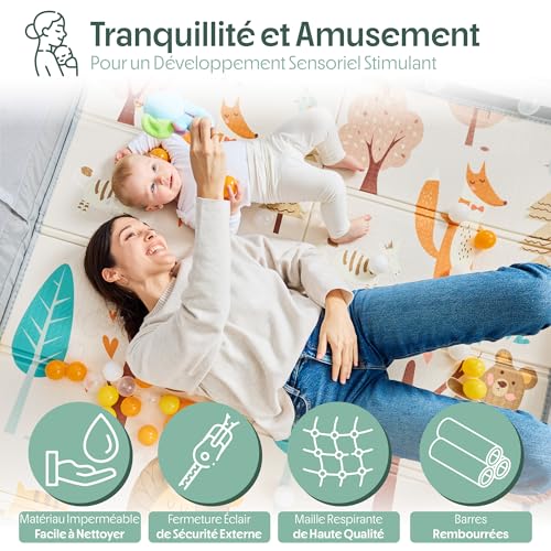 Akeraq Baby Playpen 150 x 150 cm, Padded Playpen with Reversible Mat, Sensory Rattle Plush, Coloured Balls and Support Rings | Sensory rattle plush · exclusive design reversible mat · 4 handles · colorful balls · carry bag | AKERAQ