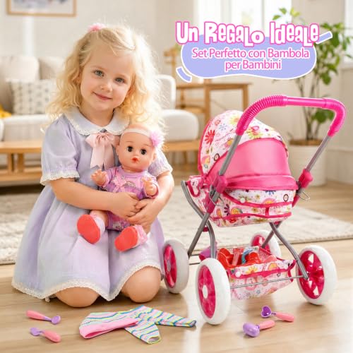 HappyGoLucky Baby Stroller with 28 cm Doll, Clothes and Accessories Dolls Roleplay Girl 3-7 Years Dolls Pram Gift Girl 2-8 Years Toys Child