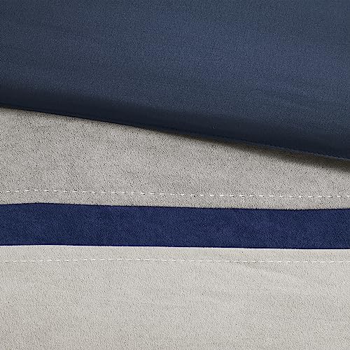 MADISON PARK PALISADES COMFORTER SET MODERN FAUX SUEDE PIECED STRIPE DESIGN, ALL SEASON DOWN ALTERNATIVE COZY BEDDING WITH MATCHING SHAMS, DECORATIVE PILLOWS, CAL KING(104″X92″), BLUE 7 PIECE