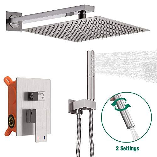 Hoimpro Shower System set with 12 Inch Bathroom Rain Mixer Shower Head and Handheld Wall Mounted, Rainfall Shower Faucet Fixture Combo with High Pressure 2 in 1 Handheld Showerhead , Brushed Nickel