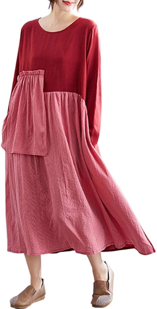 Romacci Women Vintage Loose Dress Long Sleeves Asymmetrical Striped