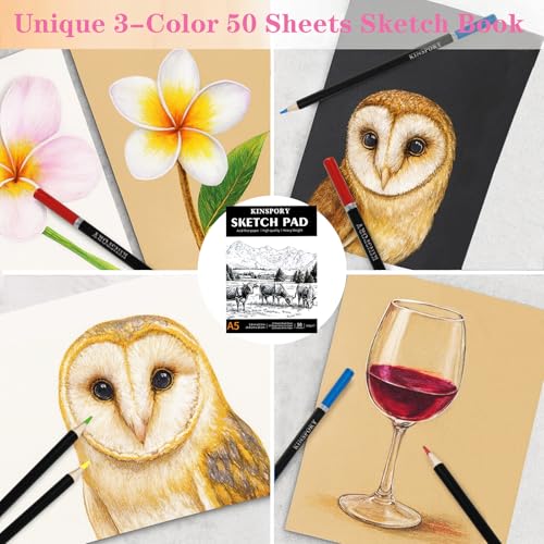 KINSPORY 78PCS Coloring Pencils with 3.0mm Soft Leads, 50-Sheet 3-Color Sketch Book, Sketching Kit with Adjustable Shoulder Strap - Art Set Gift for Adults Artists Beginners Teens Girls Boys