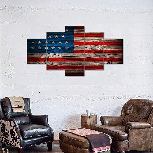 VIIVEI Retro USA US American Flag Canvas Prints Wall Artwork Independence Day Classic Skinny Blue Line Residence Decor Footage for Residing Room 5 Panel Giant Poster Portray Framed Able to Dangle (50″ Wx24 H)