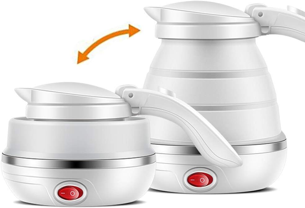 Travel Foldable Electric Kettle - Boil Dry Protection Portable Food Grade Silicone Collapsible Water Kettle - Fast Water Boiling - Dual Voltage - 0.5L- 100v/120v and 220v/240v US Plug (White)