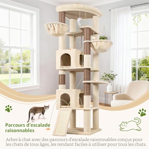 Globlazer Beige XXL Cat Tree Corner for Large Cats 204 cm with 2 Large Kennels 45 x 30 x 30 cm, Huge Platform, Sisal Board, Basket, Stable Cat Trees Indoor Rest Scratching Playing (C80, Beige)