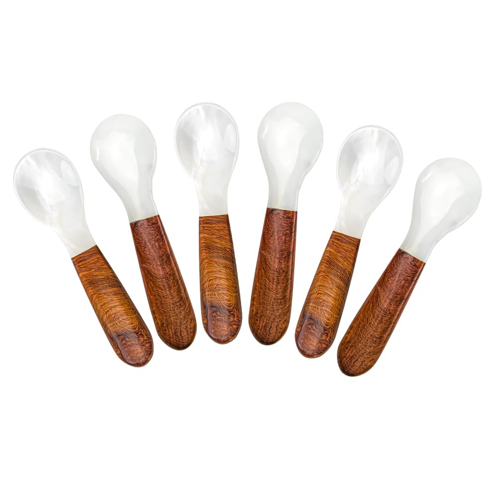 DUEBEL Set of 6 Caviar Spoons of Wood Handle, 4" Mother of Pearl Spoons for Caviar Serving, Egg Serving, Catering Deroration