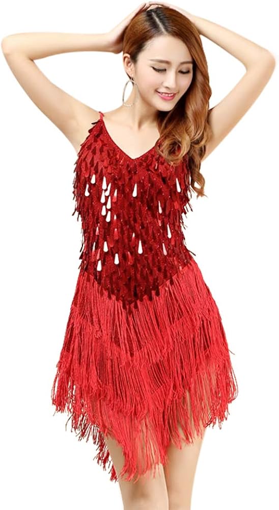 ZX Women's Salsa Latin Dance Dress Sequin Fringe Strap Backless Party Dress Ballroom Dancing 5 Pieces Outfits: Clothing