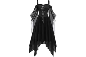 HINVHAI Gothic Costume for Women, Steampunk Gothic High Low Dress Off Shoulder Butterfly Sleeve Dress Halloween Gothic Dress