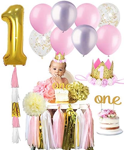1ST BIRTHDAY GIRL Decorations Kit Baby First Party Decor Set One Cake Topper Gold Glitter Crown Balloons Highchair Hat Tutu