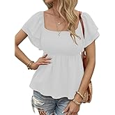 theYoChao Womens Square Neck Ruffle Short Sleeve Peplum Tops Cute Smocked Babydoll Summer Blouses