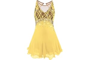 Figure Skating Dress for Girls Women Sleeveless Ice Skating Performance Skirt Halter Competition Ballet Costume Crystal