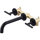 WOWOW Wall Mount Bathroom Faucet Matte Black Wall Faucet High Flow Two Handles Stainless Steels,Long Spout Reach,Widespread Bathroom Sink with Rough-in Valve 3 Holes Elegant Classic Spout