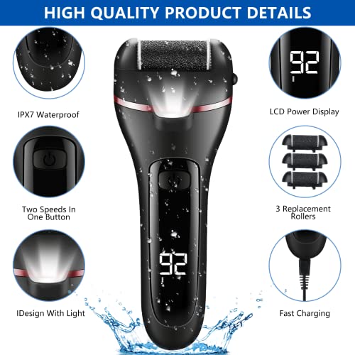 Electric Foot File, Eojjoisee® Hard Skin Remover, Rechargeable Callus Remover for Feet, 16 in 1 Pedicure kit with 3 Rollers LED Light, Foot Care Kit for Dry Dead Skin Cracked Heels Calluses (Black)