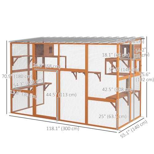 PawHut Catio Outdoor Cat Enclosure, 118" L Large Wooden Outdoor Cat House w/ 2 Condos, 7 Platforms, 2 Scratching Posts, Waterproof Roof, Walk-in Kitty Cage for 1–5 Kittens, Orange