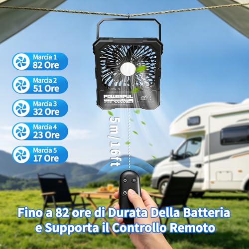 20000mAh Battery Powered Portable Camping Fan, 8 Inch Rechargeable Travel Fan, Up to 82 Hours Battery Life, Suitable for Bedroom, Outdoor
