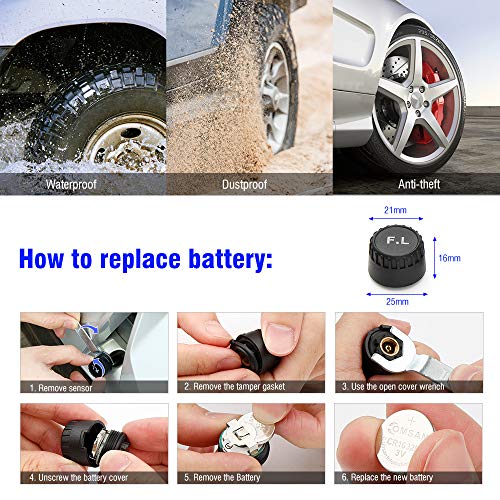 Tsumbay TPMS Car Tire Pressure Monitoring System Wireless Real-time Alarm with 4pcs External Sensors (1.1-3.5 Bar/ 16-51 Psi), Temperature and Pressure LCD Display - Thumbnail 3