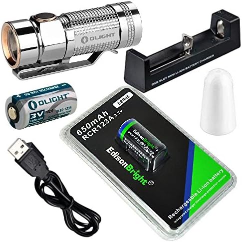 Olight S1 Polished Titanium 480 Lumen Compact EDC LED Flashlight with EdisonBright EBR65 RCR123A 16340 lithium- ion battery and charger bundle