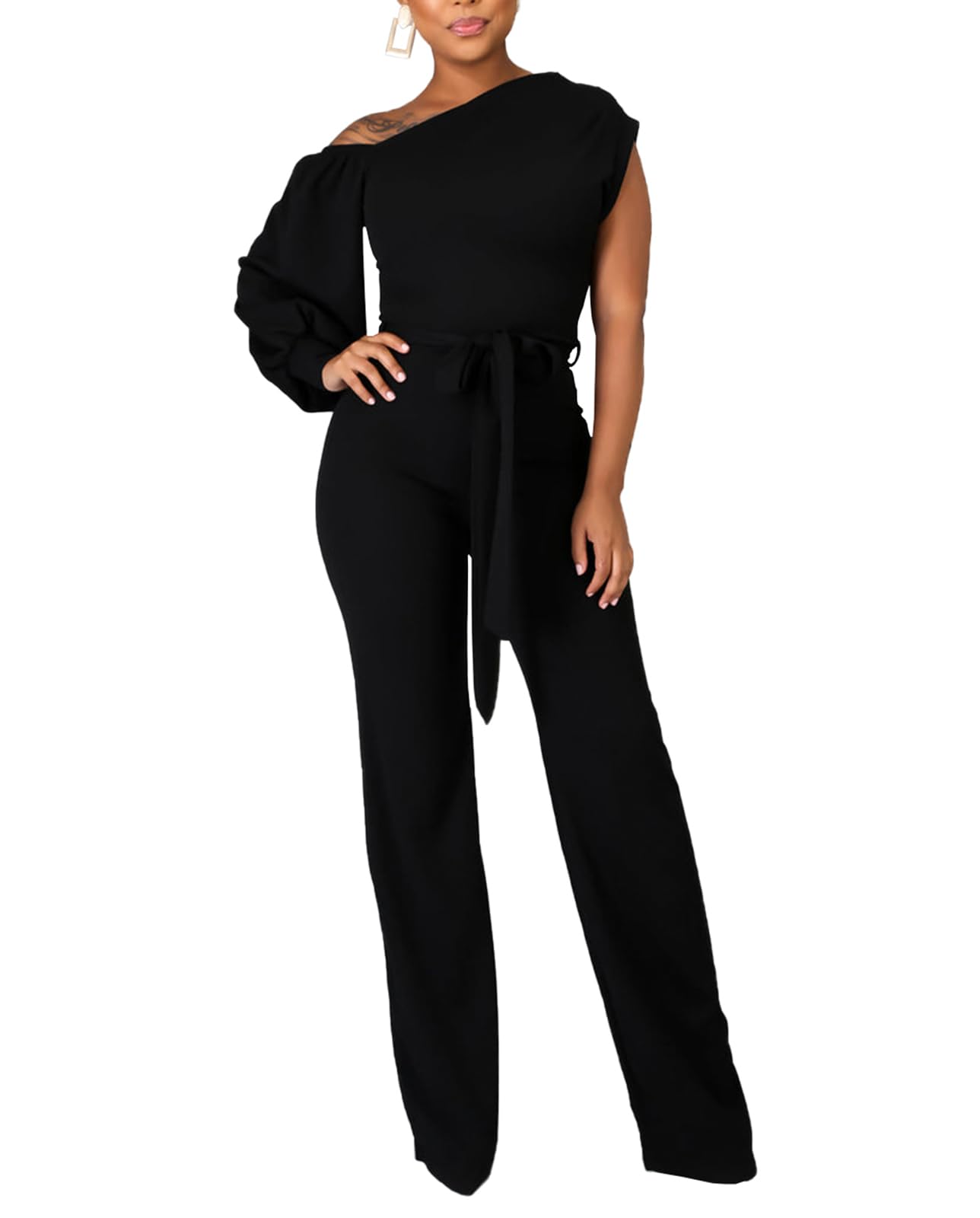 Photo 1 of DeftSharp 2024 Women's Casual One-Shoulder Sleeve Crew Neck Slanted Shoulder Back Zip Belt Long Jumpsuit Black