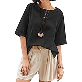 Cnlinkco Linen Tops for Women 3/4 Sleeve Crew Neck Cotton Shirts Casual Jacquard Boho Blouse