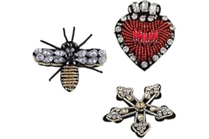 Yikko 3 Pieces Beaded Rhinestone Patches Love Heart Star Bee Fabric Applique Iron on Patches for Jeans, Jackets, Clothing, Scrapbooking Handbag Shoes DIY Decorative Patches (Style_2)