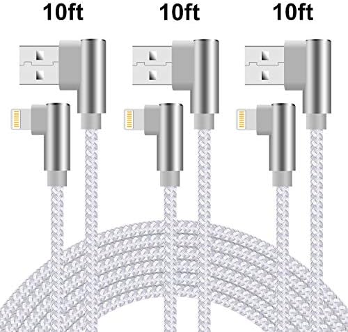 Quickeep iPhone Charger 10ft 90 Degree Lightning Cable 3 Pack iPhone Charging Cable Right Angle Nylon Braided Fast Charger Cord Compatible with iPhone 14 13 12 11 Xs XR X 8 7 6 (Silver)