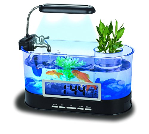 QTMY Mini Desktop Aquariums Fish Tank with LED Light Pen Holder Alarm Clock Office Decoration