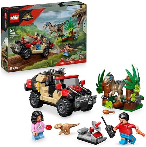Jurassic World Huida en Todoterreno y Raptor al Acecho - 2 Figuras de Dinosaurios, Coche de Juguete y 2 Minifiguras - Regalo para Niños de 6+ Años y Fans de la Película 76972