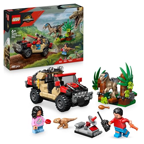 Jurassic World Huida en Todoterreno y Raptor al Acecho - 2 Figuras de Dinosaurios, Coche de Juguete y 2 Minifiguras - Regalo para Niños de 6+ Años y Fans de la Película 76972