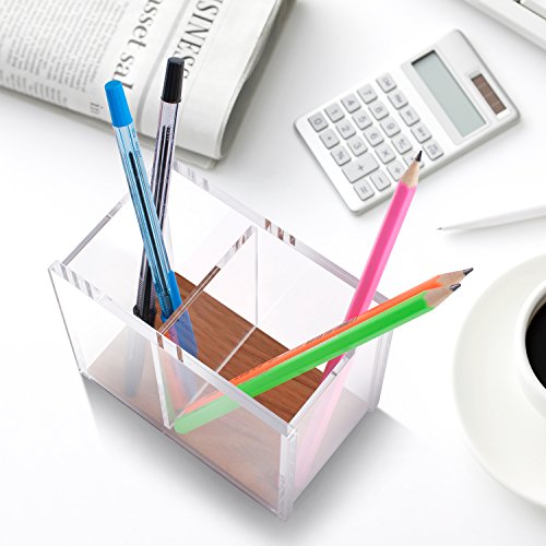 Acrylic Pencil Pen Holder Large, Zodaca [2 Compartments with Wood Base] Acrylic Pen Pencil Holder Large Capacity for Desk Desktop Stationery Organizer Desk Accessories, Clear/Brown (4.9" x 4" x 2.9") - Thumbnail 4