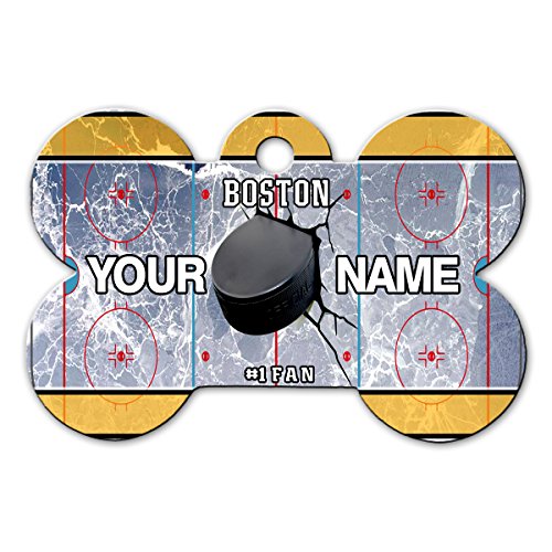 BleuReign(TM) Personalized Custom Name Hockey Team Boston License Plate Bone Shaped Metal Pet ID Tag with Contact Information