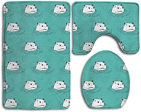 SWSW Happy Hippo Hippopotamus Pattern 3 Piece Bathroom Rug Set Bath Mat, Contour Rug, Toilet Lid Cover