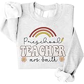 NAZENTI Personalized Teacher Sweatshirt, Teacher Rainbow Shirt, Embroided Teacher Sweatshirts for Women, Teacher Name Shirt, Rainbow Preschool Teacher Gifts