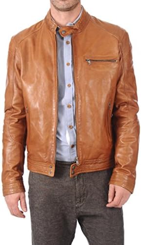 Leather Scan Men's Lambskin Leather Bomber Biker Jacket Medium Tan