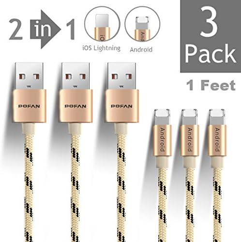 POFAN Nylon Braided Universal USB to Lightning + Micro USB Cable for both Apple and Android Phones (2-in-1 integrated interface) (Gold 1ft 3 Pack)