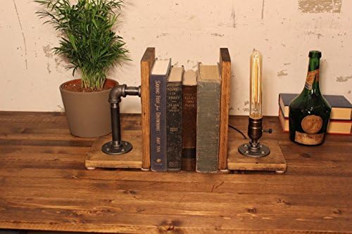 Industrial Steampunk bookend table pipe lamp with Tube Edison bulb and Oak wood base