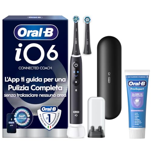Oral-B iO 6 Spazzolino Elettrico, 2 Testine di Ricambio, Custodia, Nero - 2 Testine di Ricambio per Spazzolino Elettrico, Ricaricabile, Custodia da Viaggio + Dentifricio Pro-Expert Sbiancante Delicato
