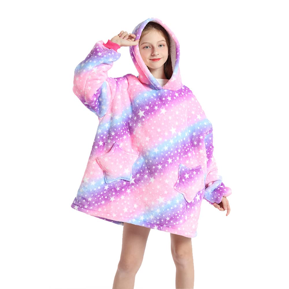 MZSYLK Oversized Hoodie Blanket Kids Lazy TV Blanket Soft Plush Sherpa Warm Wearable Blanket with Pocket Bright Color Gifts For Girls Boy 7-12 years