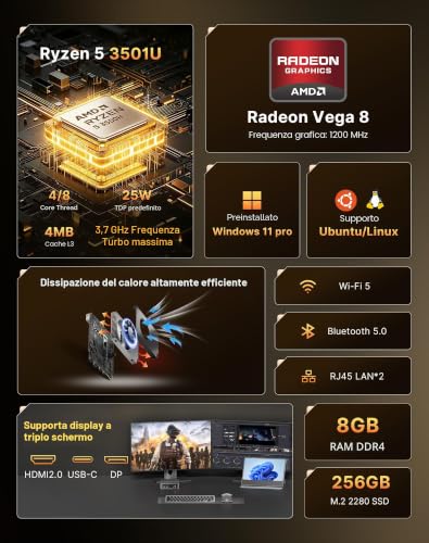 MAGICNUC AS1 Plus Home-Offfice-Mini PC, AMD Ryzen 5 3501U (Better Than 4300U/N150, Up to 3.7GHz), RAM 8GB DDR4, 256GB M.2 2280 SSD, Triple 4K Display, Dual LAN, Wi-Fi 5/BT 5.0, Mini Desktop PC