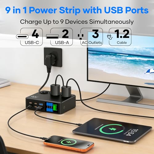 CKCN Power Strip with USB C 6-Port (90 W), Socket Cube 2500 W with LED Display, Multiple Socket with USB Charging Station, Multiple PD Surge Protection Sockets, Extension Cable, 1.2 m, Black