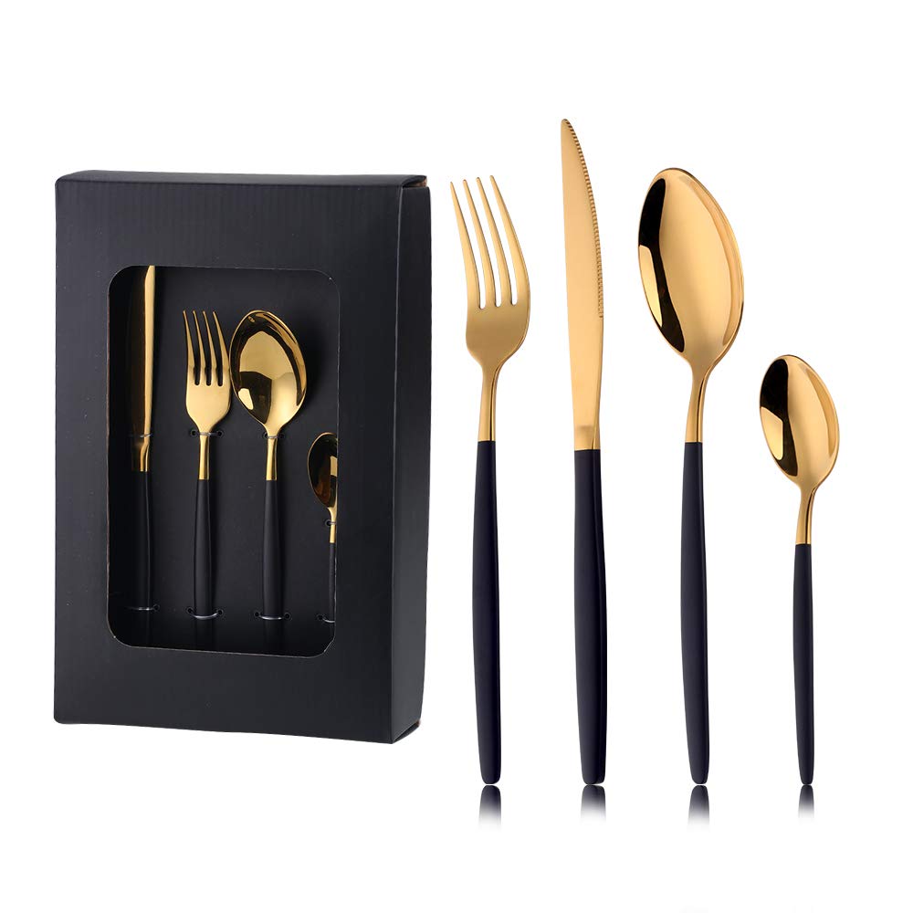 16 Pieces Black Gold Cutlery Set Stainless Steel Flatware Set Tableware for Daily Life 4 x Forks, 4 x Dinner Knives, 4 x Dinner Spoons, 4 x Teaspoons Service 4(Black Gold)