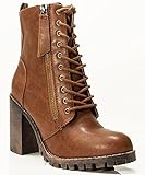 Soda Malia Vegan Round Toe Stacked Lug Heel Lace Up Ankle Booties