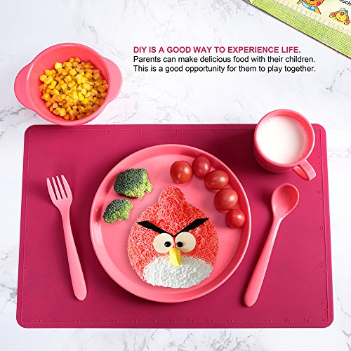 Silicone Children Tableware Set of 5, Yehua Baby, Kids, Toddler Dinnerware Set - Spoon, Fork, Cup, Plate, Bowl - FDA/BPA Free Appoved, Unbreakable, Best Gifts With Child 1-13 Years Old - Rose