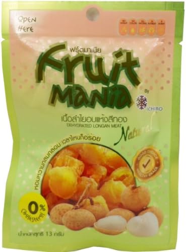 Dehydrated Longan Meat (Golden) Snack Natural Net Wt 13 G (0.46 Oz.) Fruit Mania Brand X 6 Bags