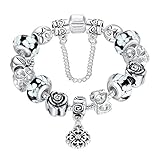 Bamoer 2015 New Arrival Vintage Silver Charm Bracelet for Women Flower Glass Bead and Safety Chain
