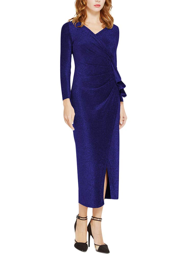 Aiyou Women\'s Long Sleeve Wrap Dresses - Sexy Glitter Ruched V Neck High Slit Maxi Dress XX-Large Blue
