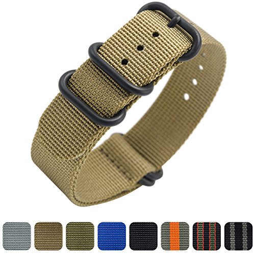 Nato Strap 20mm 22mm Premium Ballistic Nylon Military Watch Bands 5 Ring Black Swiss Zulu Straps (22mm, Khaki)