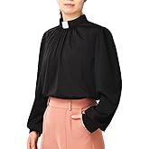 Church Clergy Shirt for Women Minister Spring/Autumn Lantern Long Sleeve Front Pleated Blouse with Tab Collar